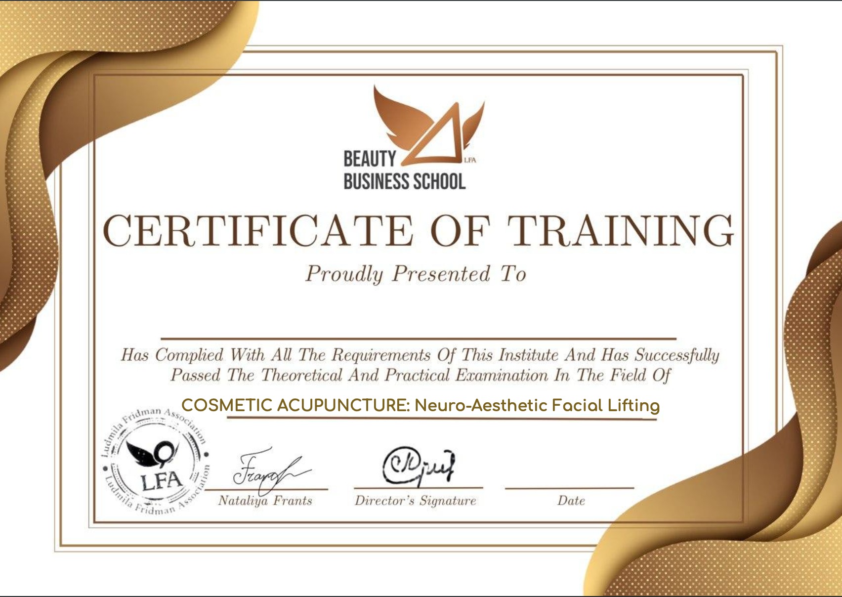 Сертификат Beauty Business School LFA